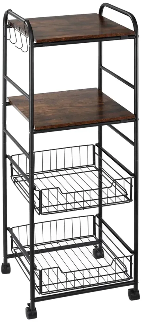 Rustic Brown Slim Cart: 16"W 4-Tier Kitchen Shelves, 2 Baskets