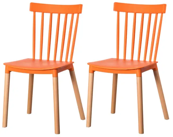 Modern Plastic Dining Chair Windsor Design with Beech Wood Legs, White Set of 4