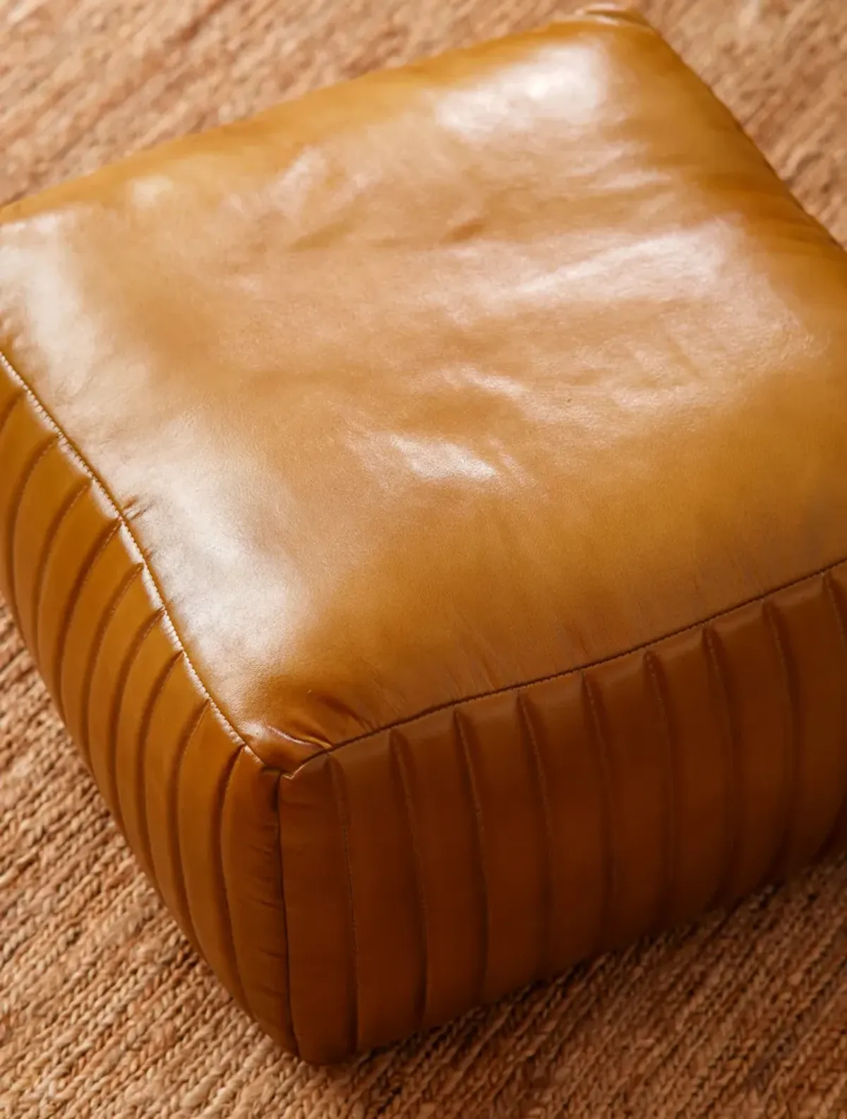 Solid Handmade Leather Square Pouf 21"x21"x12" (Recycled Foam with Fibre Fill) Beige Color BBBACPF08 BBH Homes