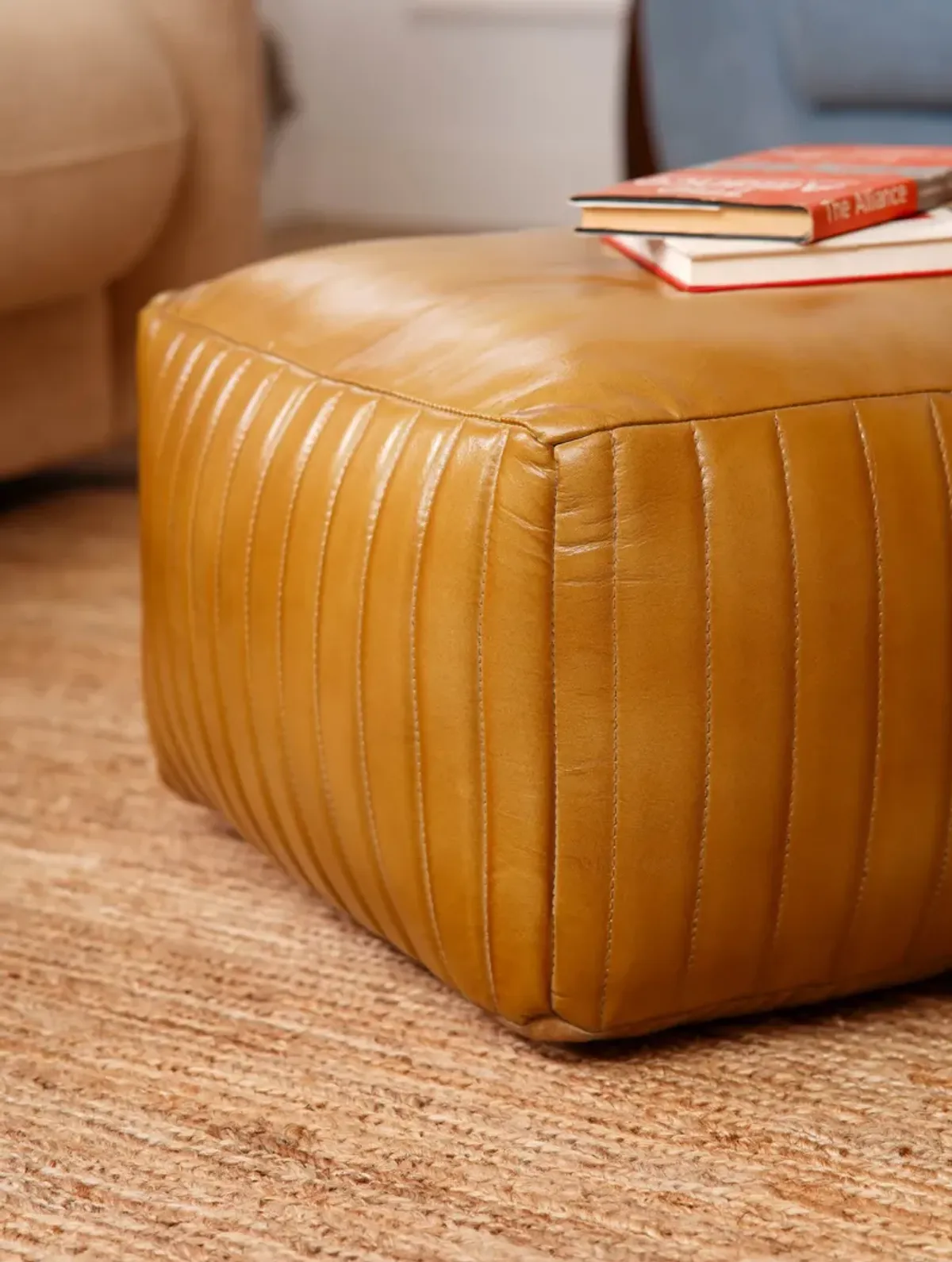 Solid Handmade Leather Square Pouf 21"x21"x12" (Recycled Foam with Fibre Fill) Beige Color BBBACPF08 BBH Homes