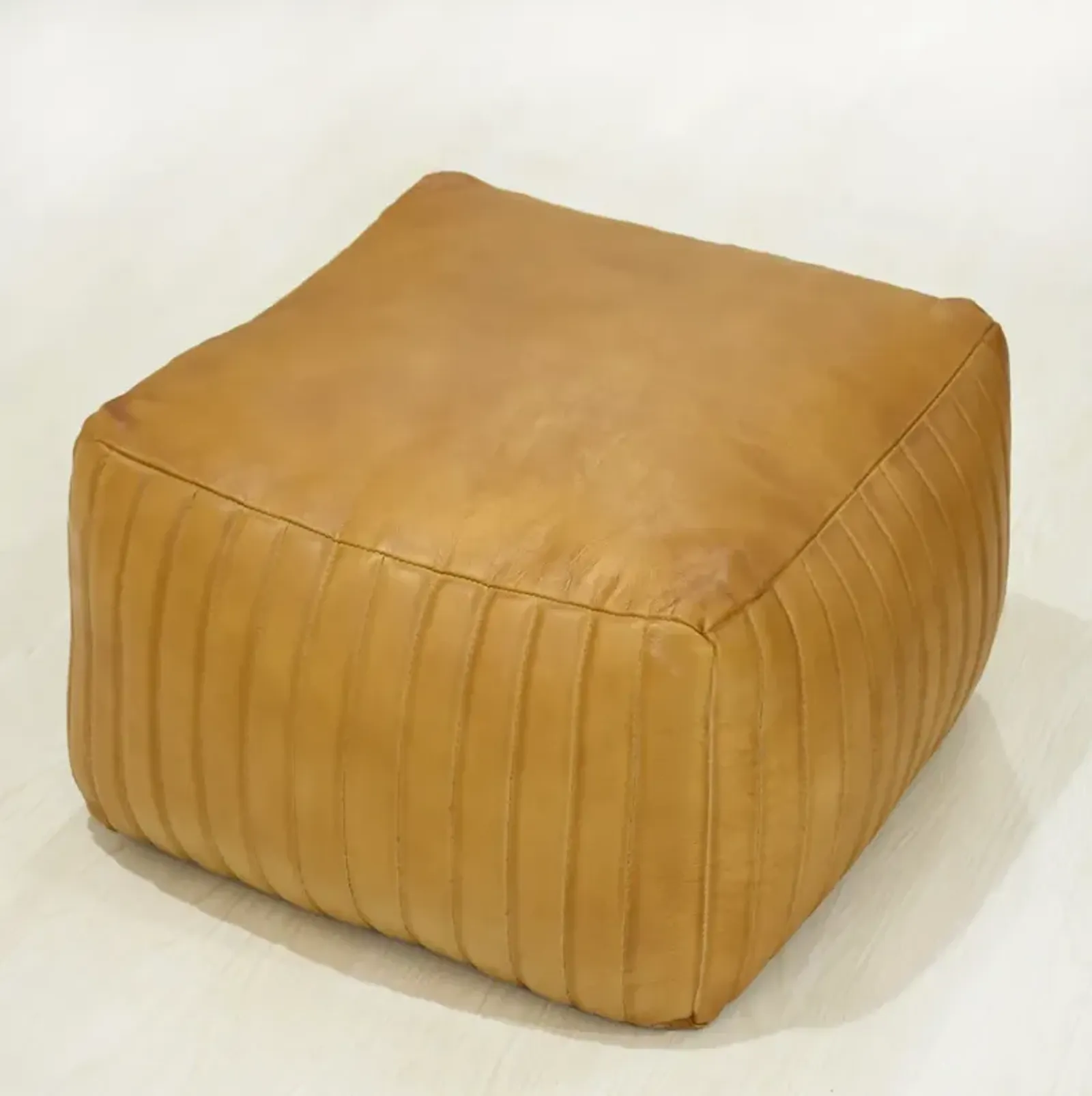 Solid Handmade Leather Square Pouf 21"x21"x12" (Recycled Foam with Fibre Fill) Beige Color BBBACPF08 BBH Homes