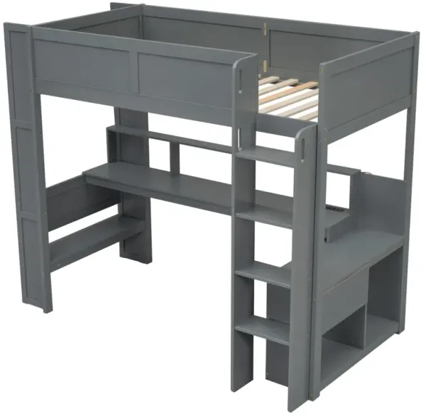 Whisen Wood Twin Size Gaming Loft Bed with Desk, Multi-storage Shelves, LED and Charging Station - Dark Gray