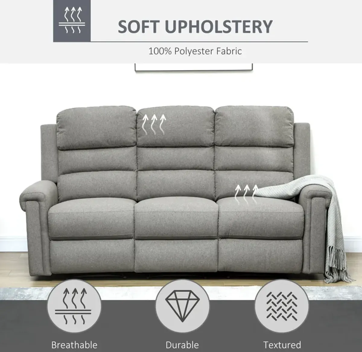 Gray Lounge Comfort: 3-Seater Reclining Sofa with Adjustable Footrest