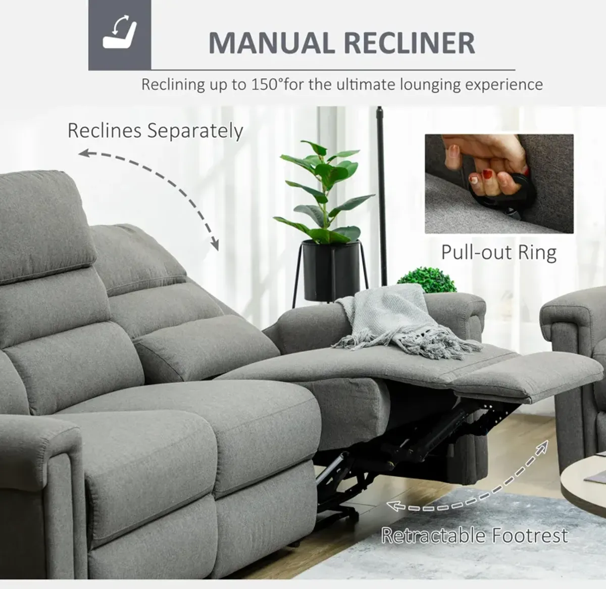 Gray Lounge Comfort: 3-Seater Reclining Sofa with Adjustable Footrest