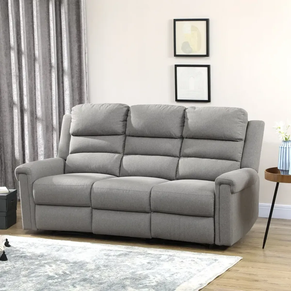 Gray Lounge Comfort: 3-Seater Reclining Sofa with Adjustable Footrest