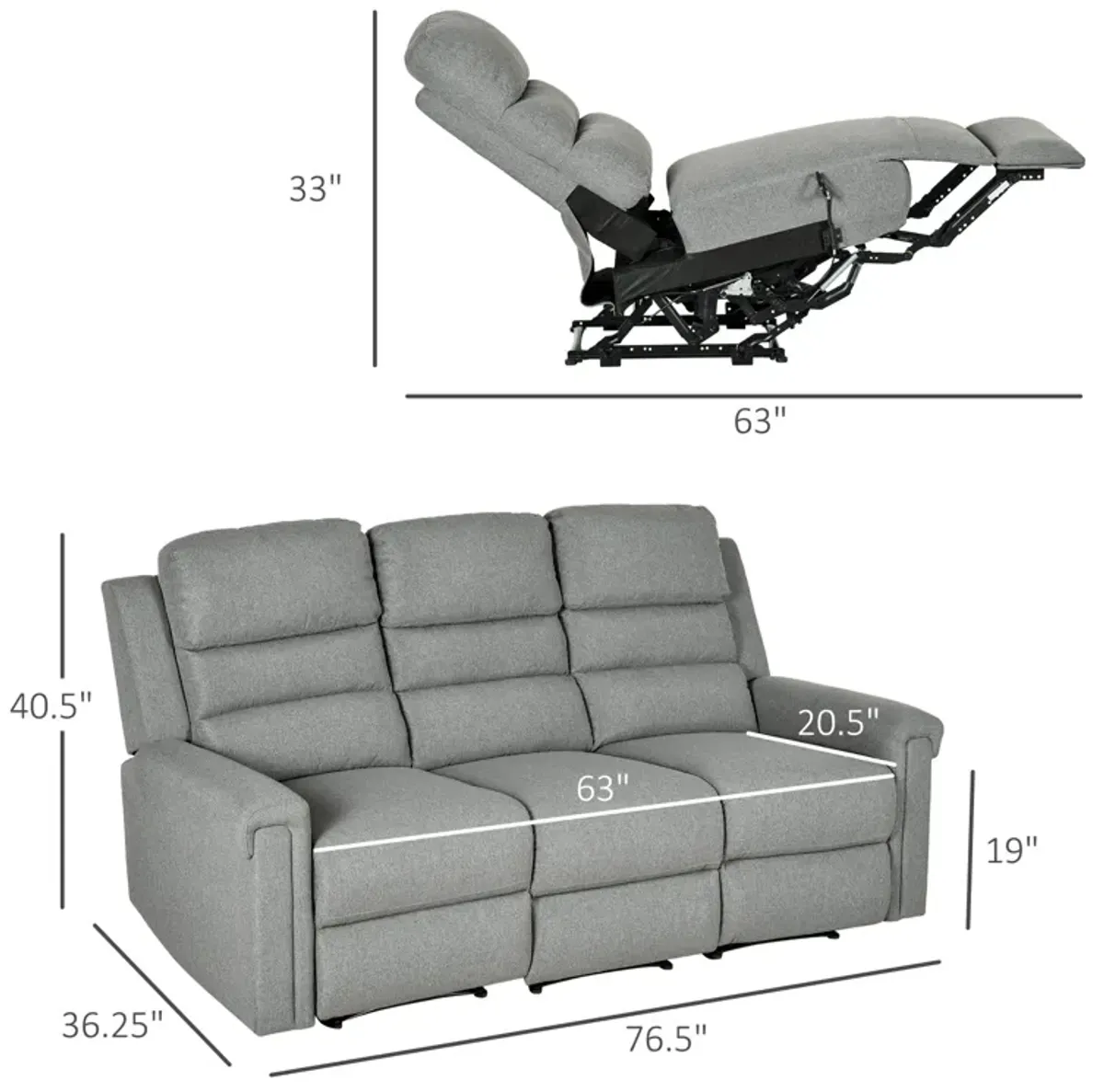 Gray Lounge Comfort: 3-Seater Reclining Sofa with Adjustable Footrest