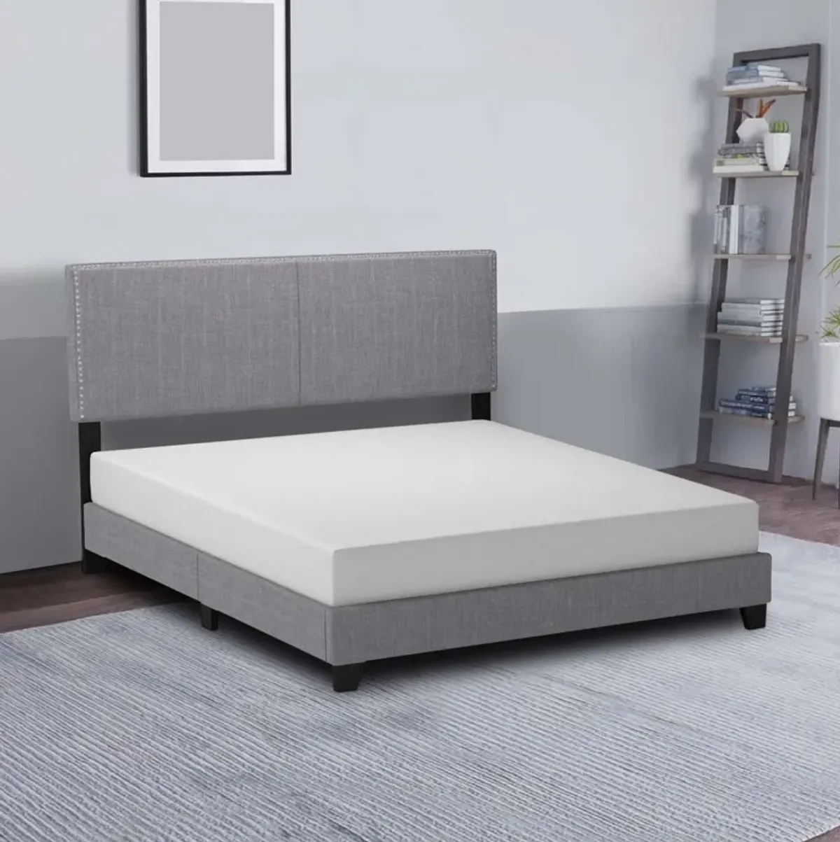 California King Bed with Padded Headboard and Nailhead Trim, Gray-Benzara