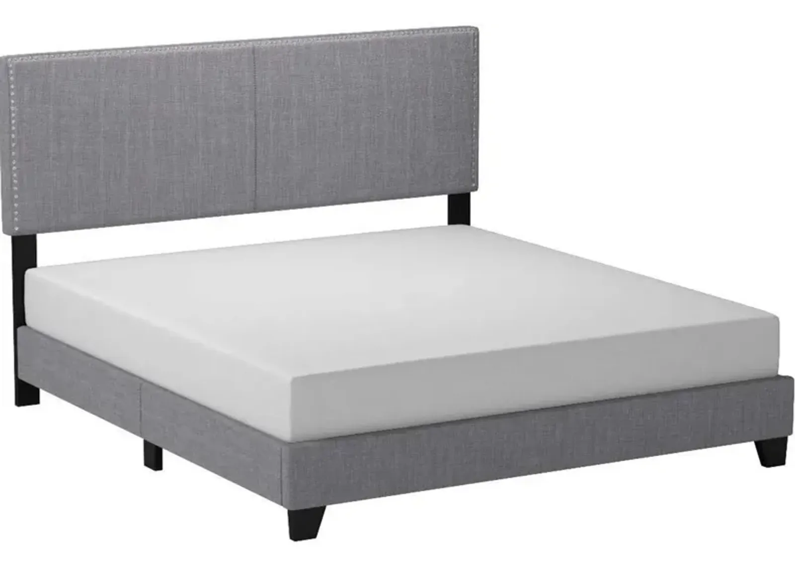 California King Bed with Padded Headboard and Nailhead Trim, Gray-Benzara