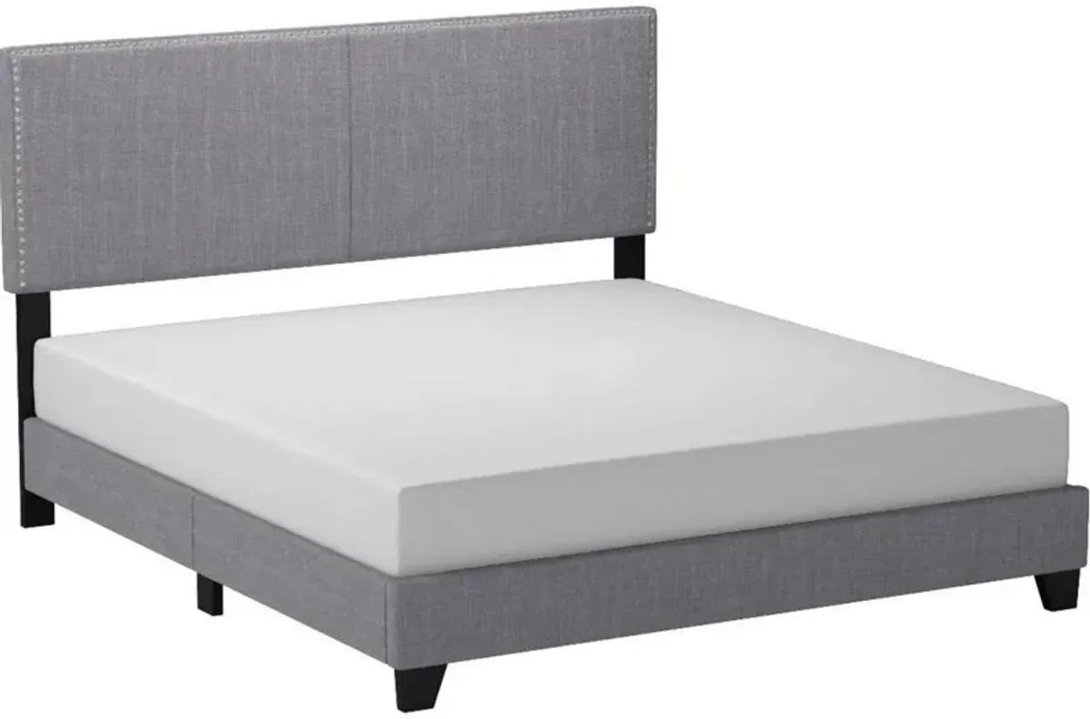 California King Bed with Padded Headboard and Nailhead Trim, Gray-Benzara