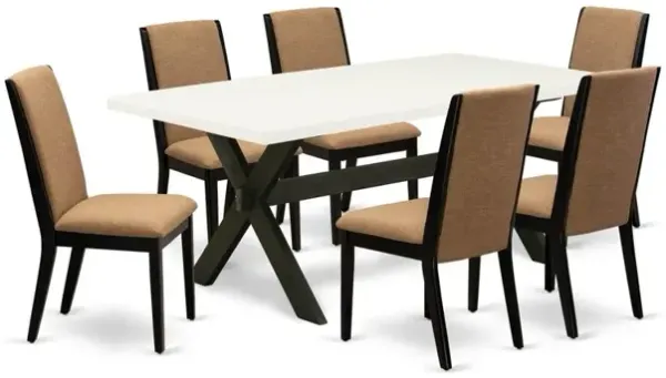 East West Furniture 7-Piece Awesome Dining Table Set a Superb Linen White Wood Dining Table Top and 6 Stunning Linen Fabric Parson Chairs with Stylish Chair Back, Wire Brushed Black Finish