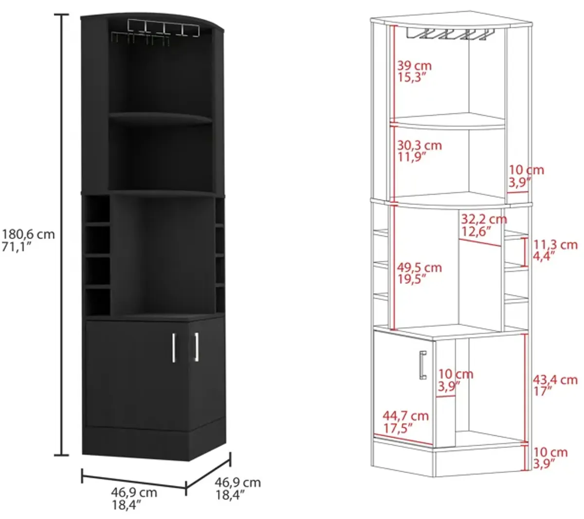 Syrah Corner Bar Cabinet, Eight Bottle Cubbies, Double Door, Two Open Shelves-Black