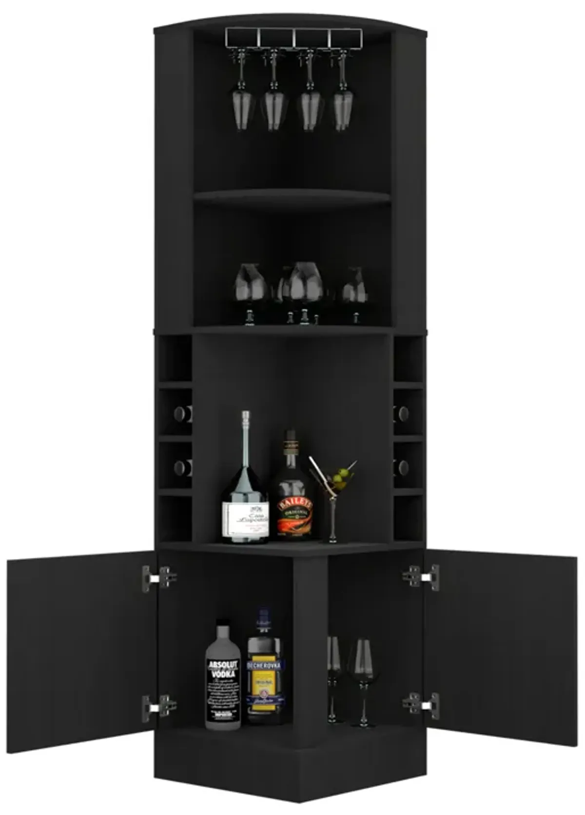 Syrah Corner Bar Cabinet, Eight Bottle Cubbies, Double Door, Two Open Shelves-Black