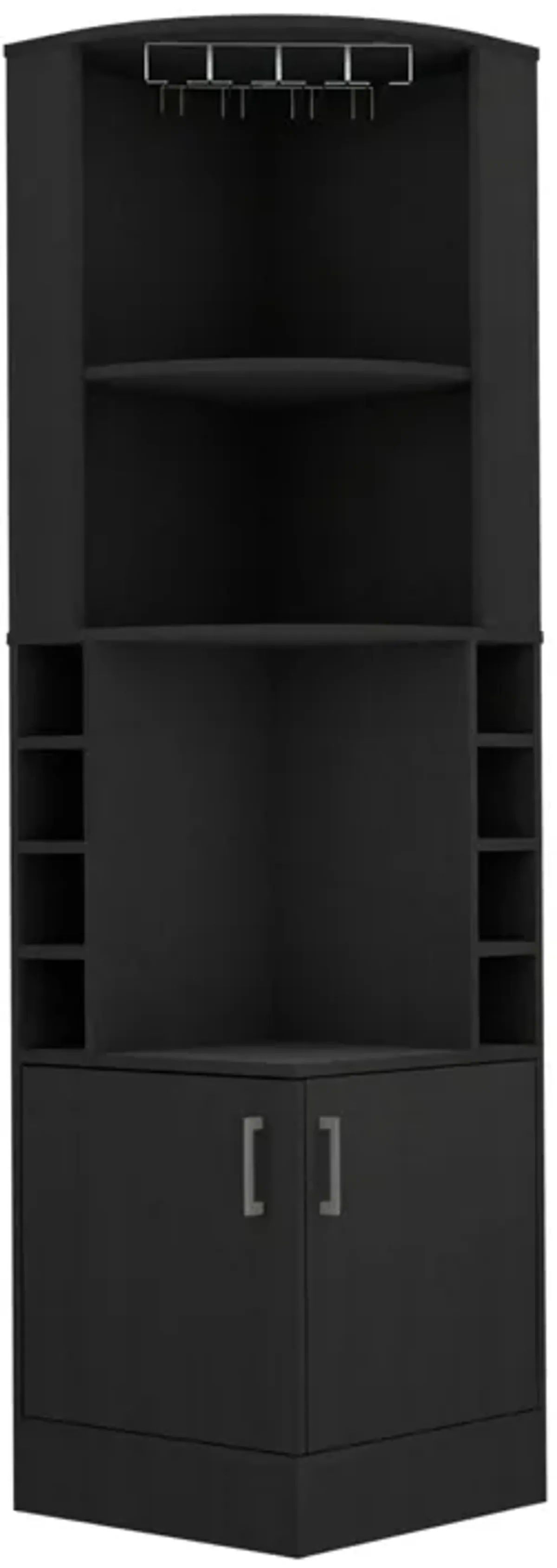 Syrah Corner Bar Cabinet, Eight Bottle Cubbies, Double Door, Two Open Shelves-Black