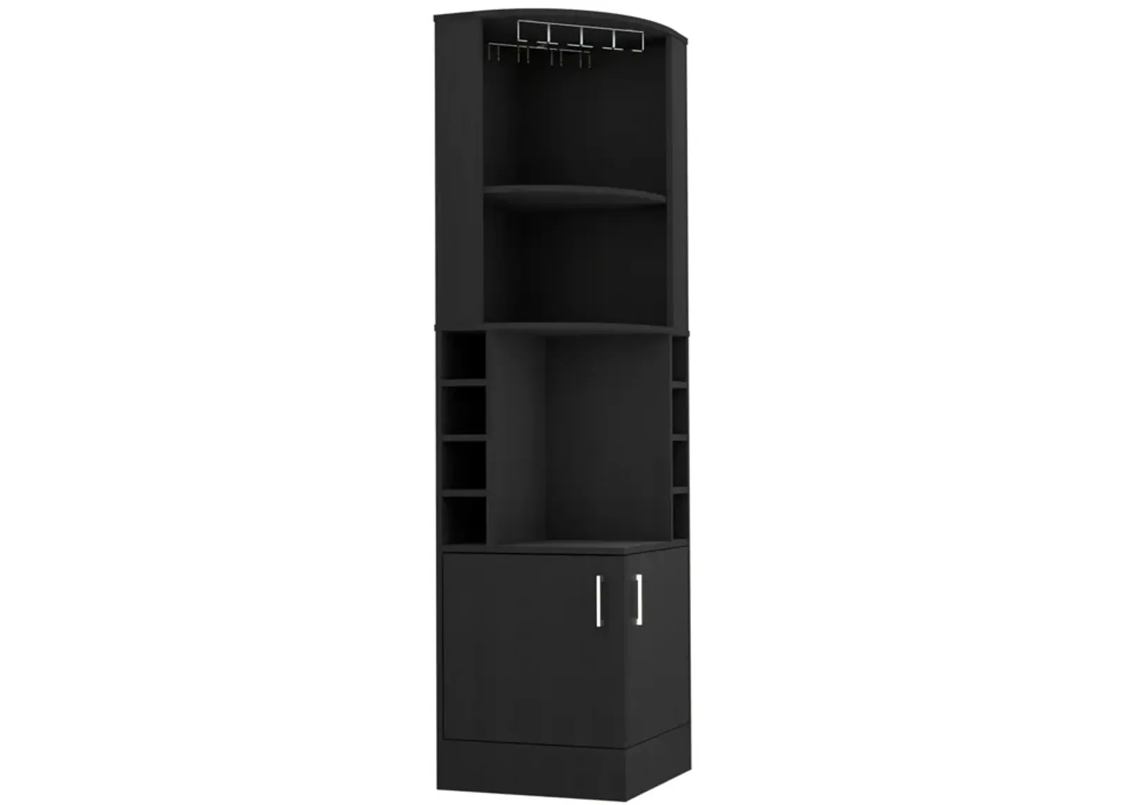 Syrah Corner Bar Cabinet, Eight Bottle Cubbies, Double Door, Two Open Shelves-Black