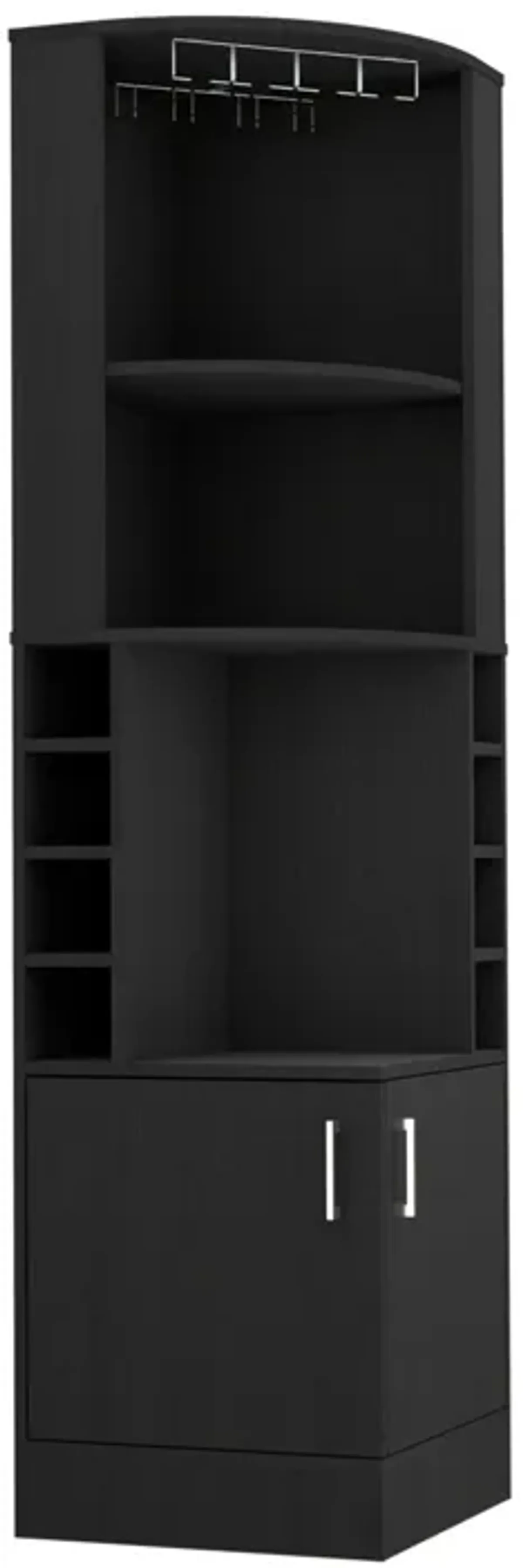 Syrah Corner Bar Cabinet, Eight Bottle Cubbies, Double Door, Two Open Shelves-Black