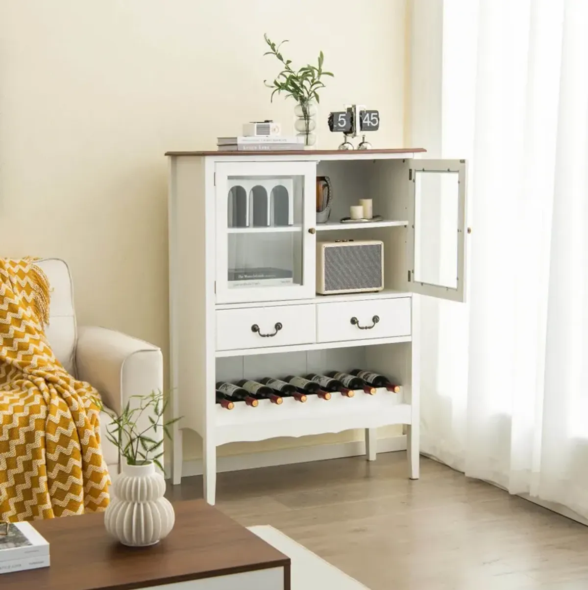 Sideboard Buffet Cabinet with 2 Tempered Glass Doors-White