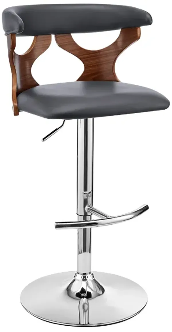 Adjustable Barstool with Curved Cut Out Wooden Back, Brown and Gray-Benzara