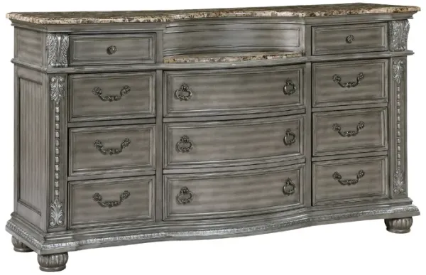 Toga 69 Inch Dresser with 11 Drawers, Gray Acacia Wood, Carved Details - Benzara