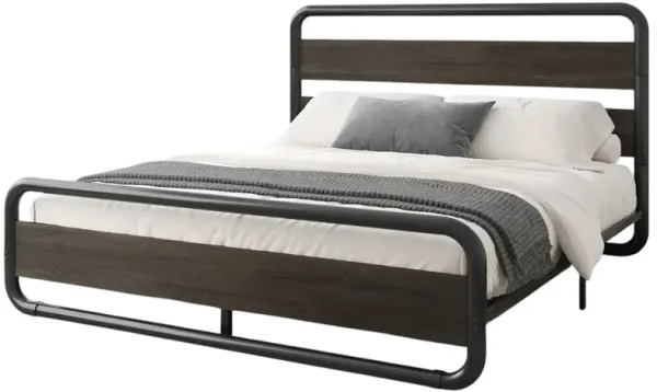 Sturdy Round Metal Platform Bed Frame with Wood Headboard for Industrial Style