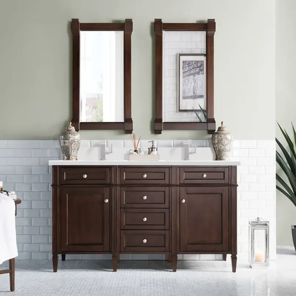 James Martin Vanities 60 Double Vanity, Burnished Mahogany w/ Single Hole 3 CM White Zeus Quartz Top