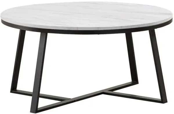Ara 36 Inch Round Coffee Table with White Faux Marble Tabletop, Framed Base-Benzara