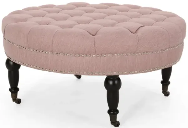 Romani Ottoman, Caster Wheels, Blush Pink, Black Birch Wood, 35 Inch - Benzara