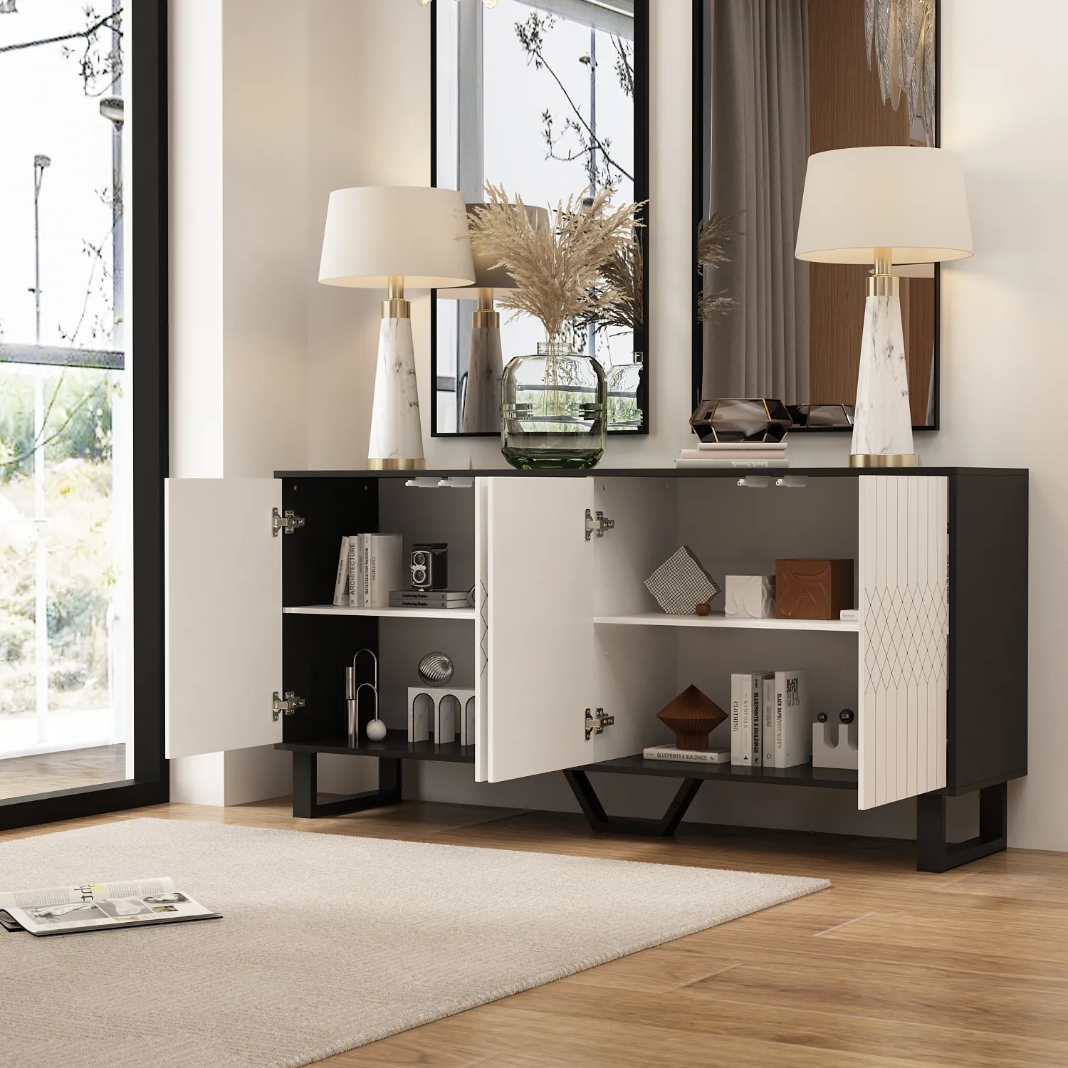 White Modern Wood Accent Storage Cabinet Credenza With Pop-up Doors and Adjustable Shelves, for Living Room Office