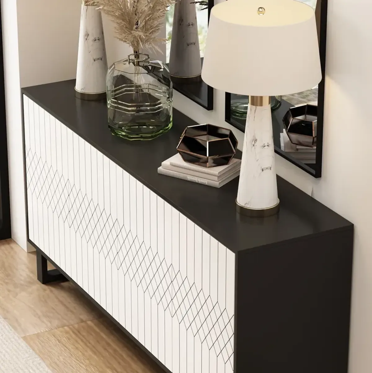 White Modern Wood Accent Storage Cabinet Credenza With Pop-up Doors and Adjustable Shelves, for Living Room Office