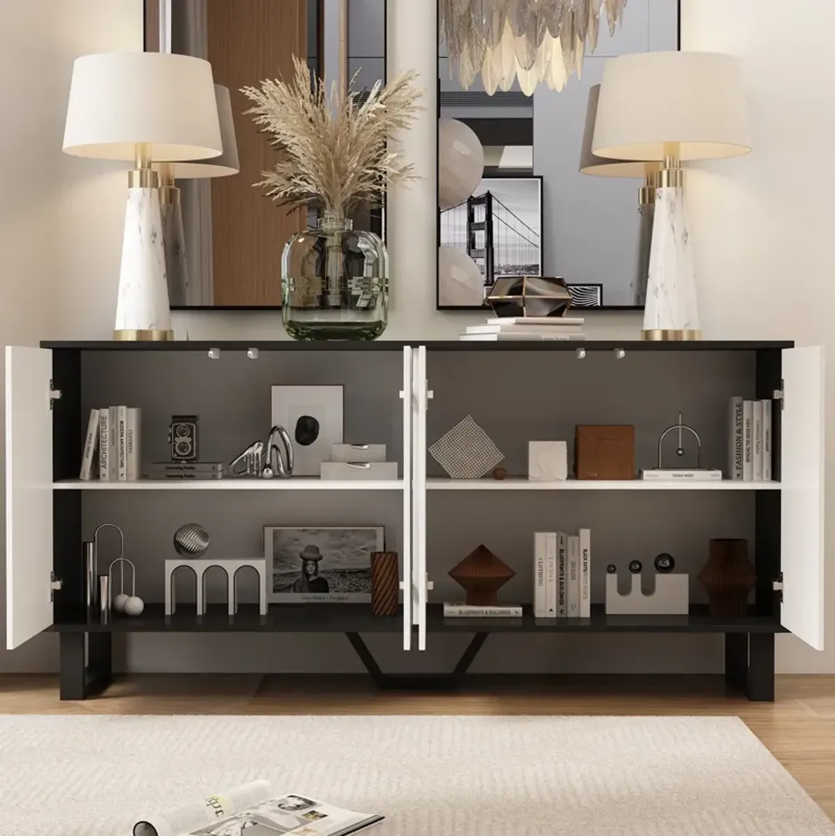 White Modern Wood Accent Storage Cabinet Credenza With Pop-up Doors and Adjustable Shelves, for Living Room Office