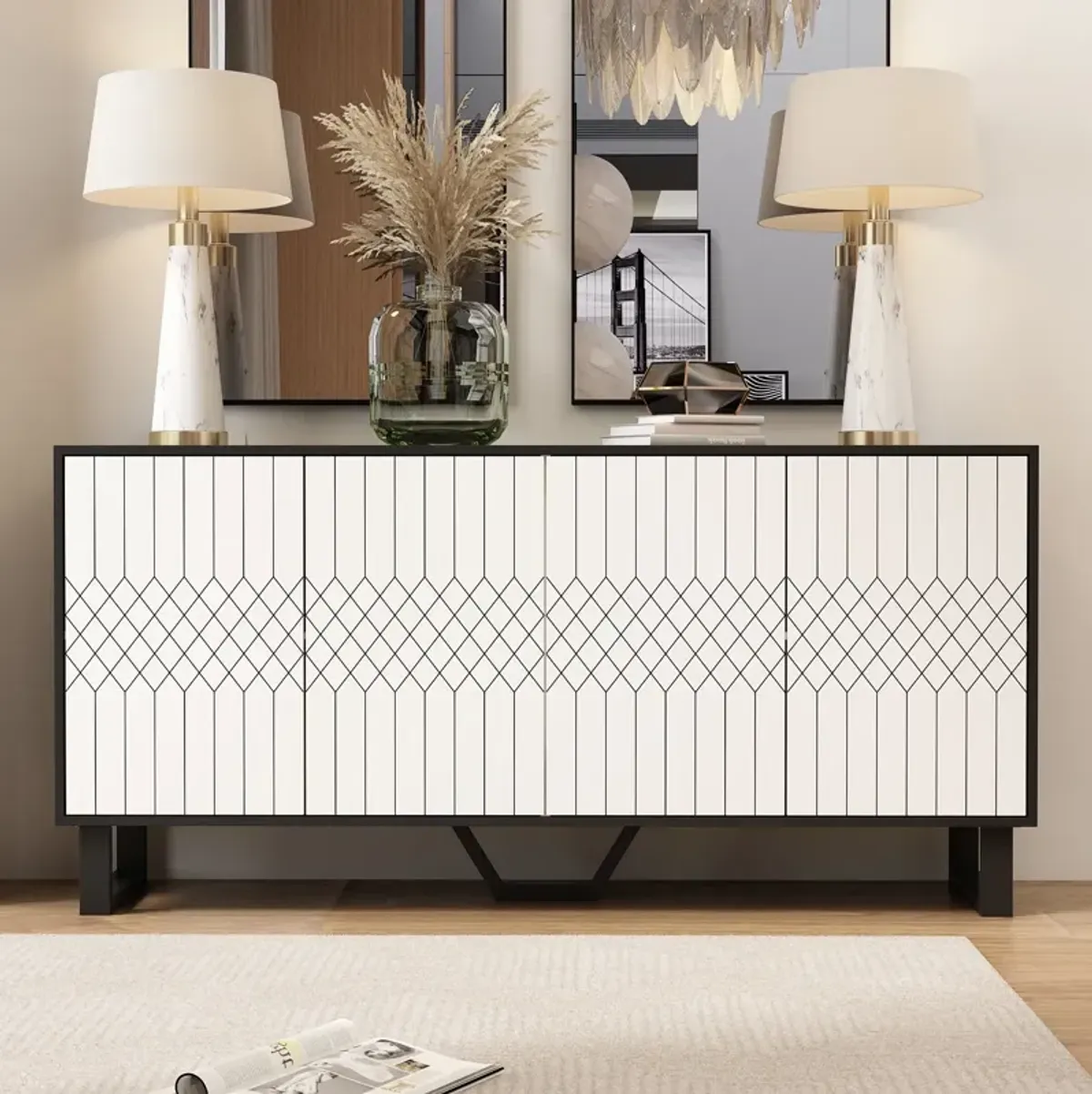 White Modern Wood Accent Storage Cabinet Credenza With Pop-up Doors and Adjustable Shelves, for Living Room Office