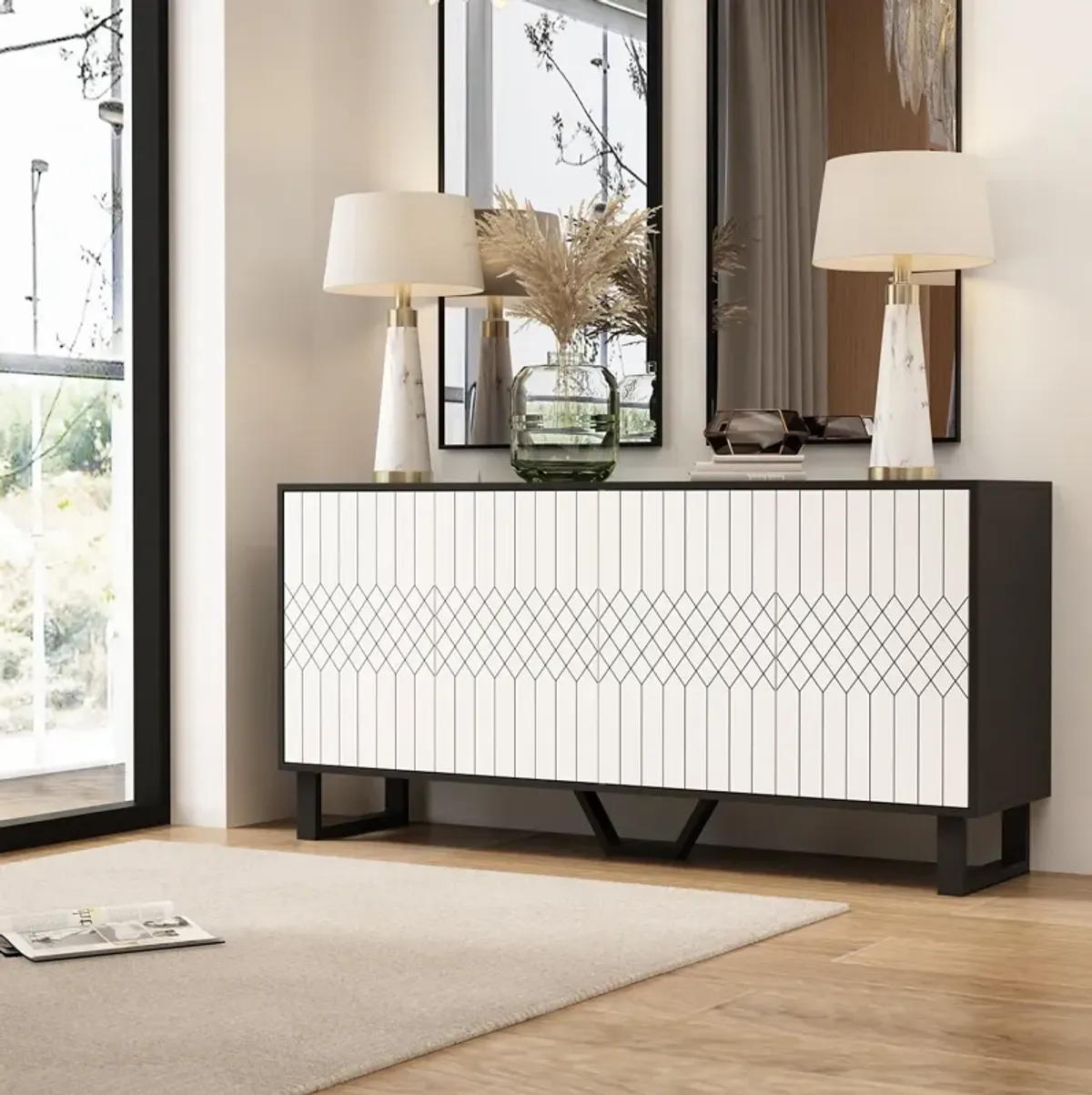 White Modern Wood Accent Storage Cabinet Credenza With Pop-up Doors and Adjustable Shelves, for Living Room Office