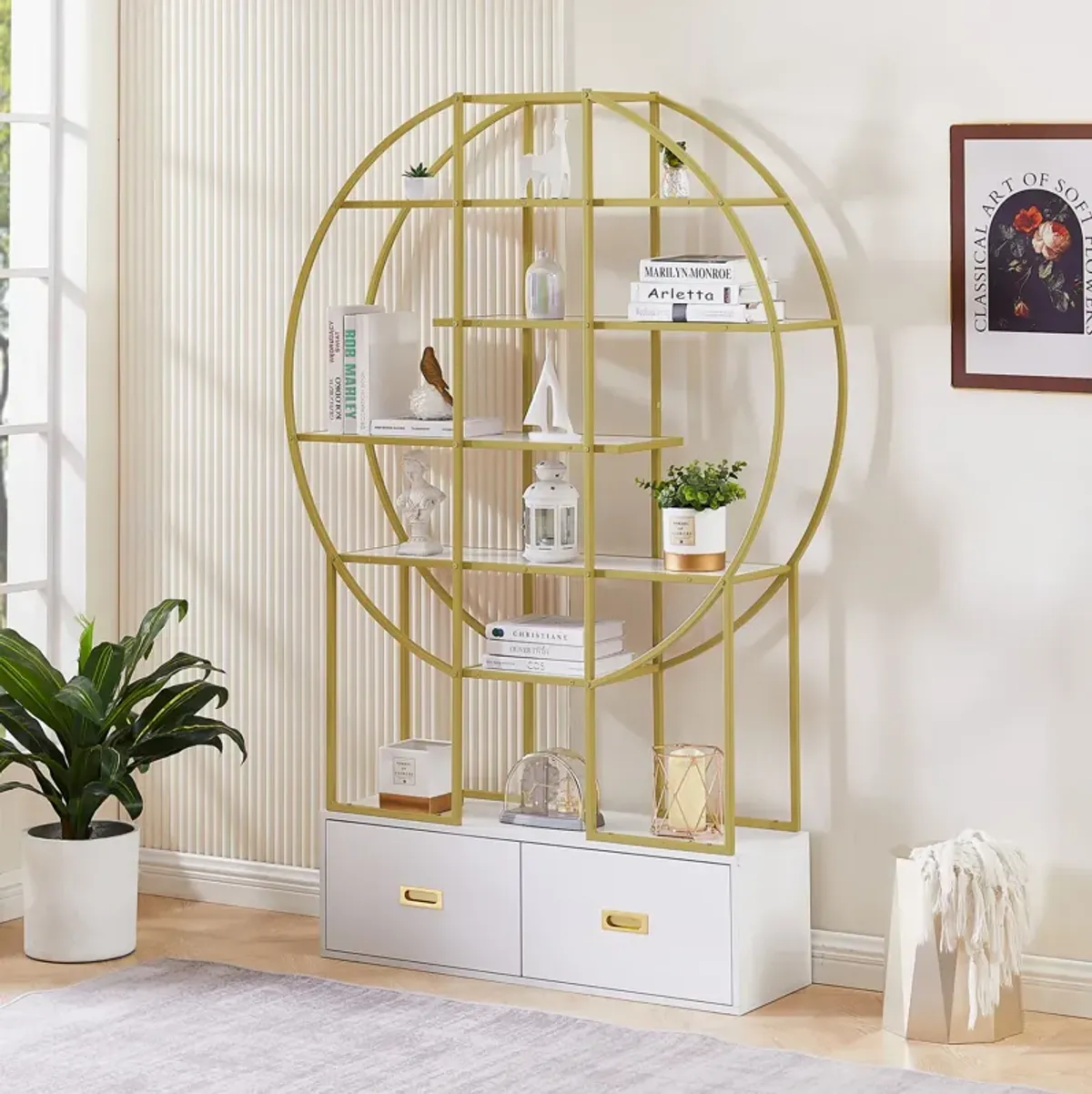 Merax Gold Frame Round Office Bookcase Bookshelf