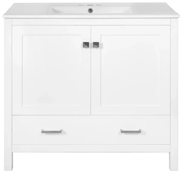 Merax Bathroom Vanity with Ceramic Sink Soft-Close Doors & Divided Drawer 2 Storage Shelves Modern Storage Cabinet