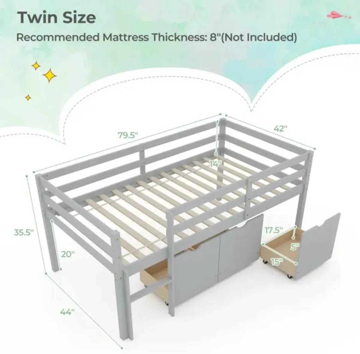 Hivvago Twin Size Low Loft Bed with 3 Drawers with Ladder and Full-length Guardrails