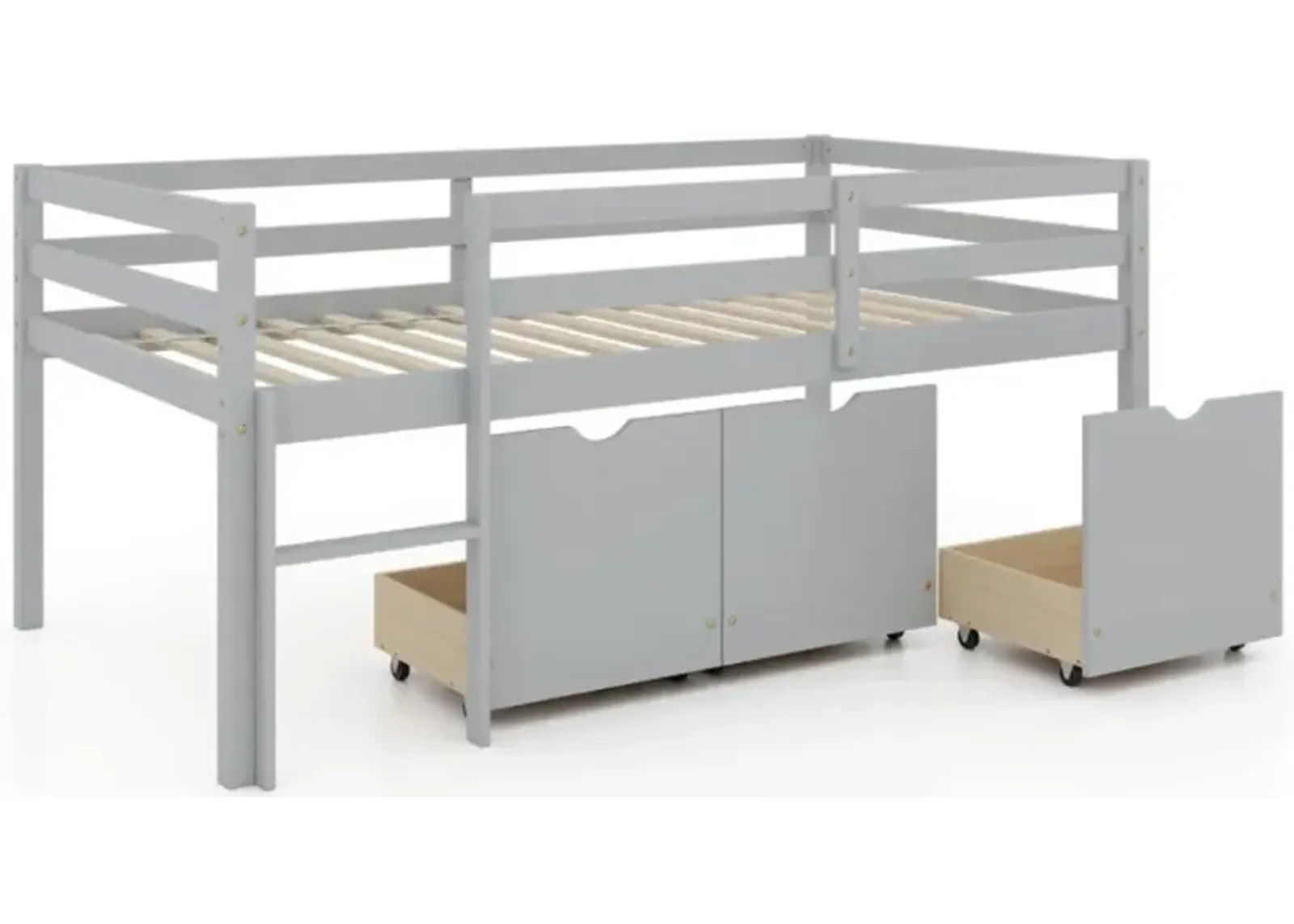 Hivvago Twin Size Low Loft Bed with 3 Drawers with Ladder and Full-length Guardrails