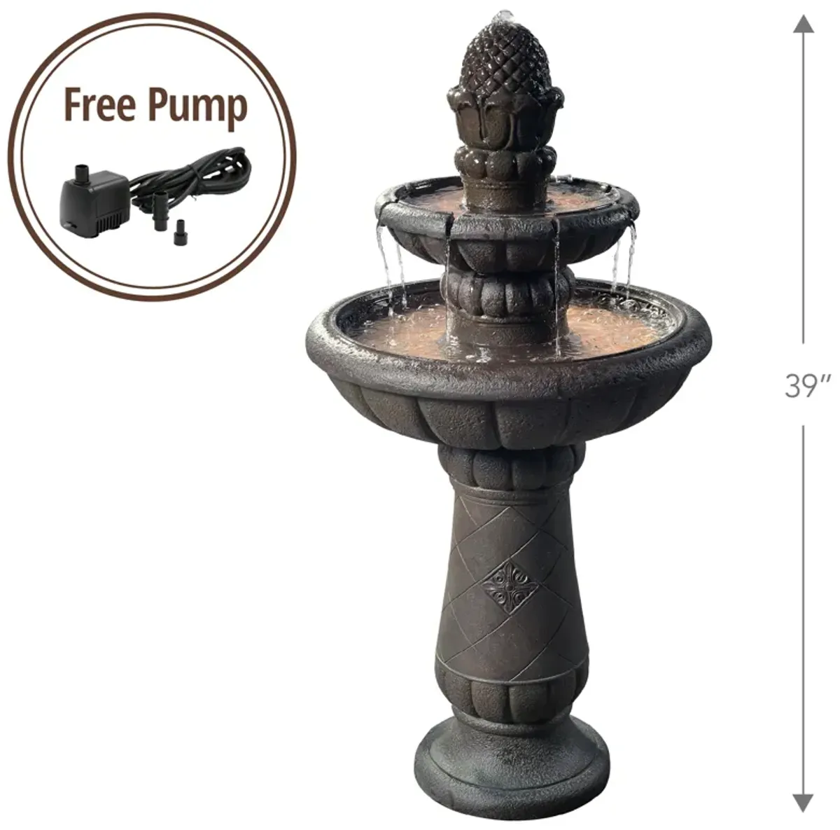 Teamson Home Outdoor Deluxe Pineapple 2-Tier Pedestal Fountain, Carbon Gray