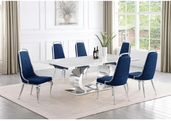 Best Quality Furniture 7pc Large (87) marble top dining set with silver base and 6 Navy blue chairs