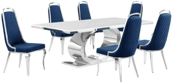Best Quality Furniture 7pc Large (87) marble top dining set with silver base and 6 Navy blue chairs