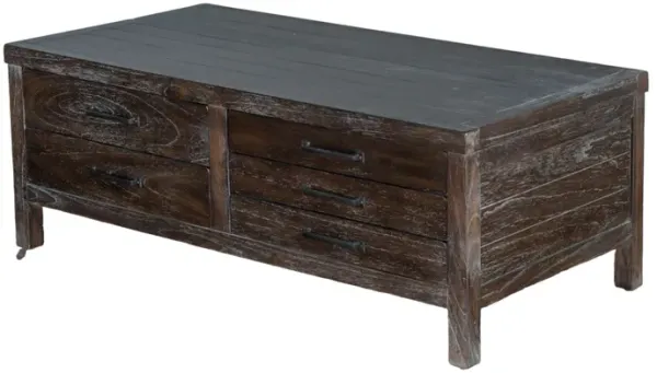 Nikay Coffee Table, 5 Drawers, Dark Brown Mindi, Rectangular 50 Inch - Benzara