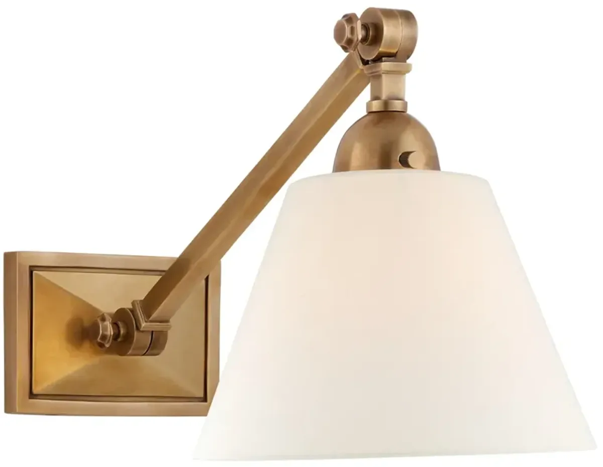 Jane Single Library Wall Light in Hand-Rubbed Antique Brass with Linen Shade