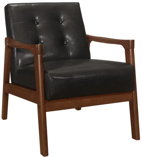 Aly 31 Inch Accent Chair Armchair, Dark Brown Faux Leather, Solid Wood - Benzara