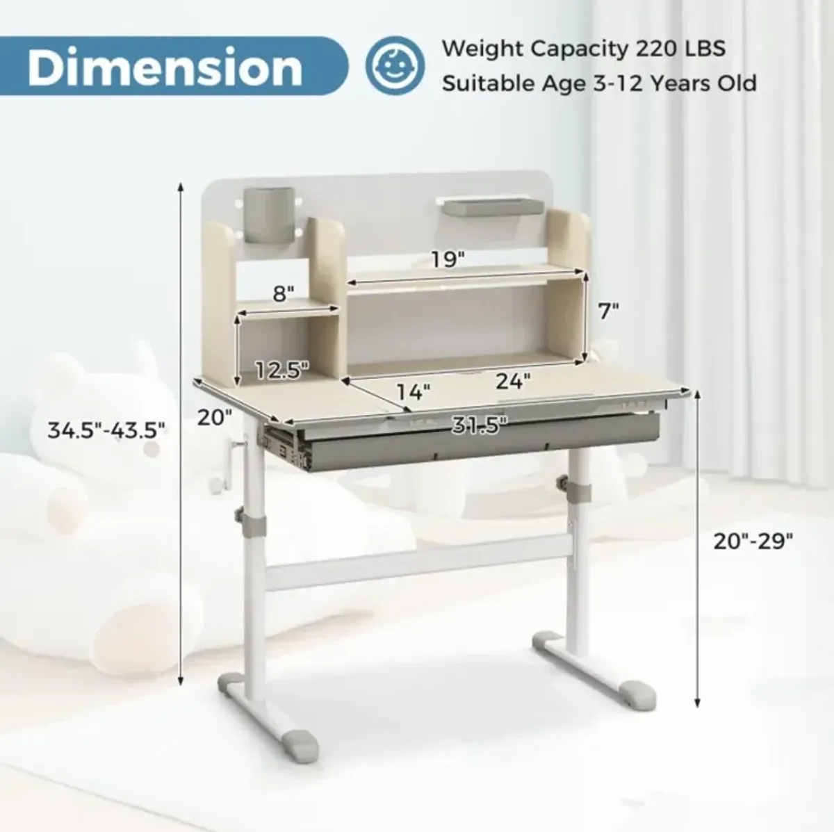 Hivvago Height Adjustable Kids Study Desk with Tilt Desktop for 3-12 Years Old