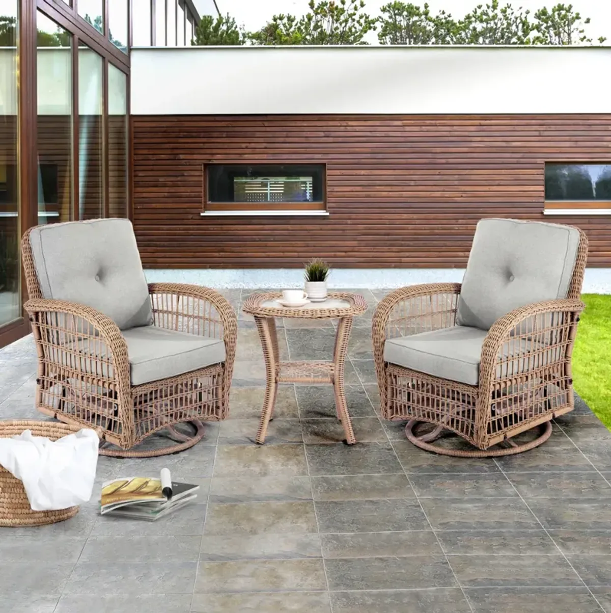 Outdoor Wicker Swivel Rocking Chair Set with Table