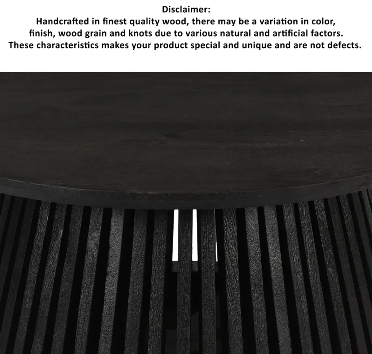 Ridge 32 Inch Handcrafted Round Coffee Table, Mango Wood, Slatted Flared Base, Black-Benzara