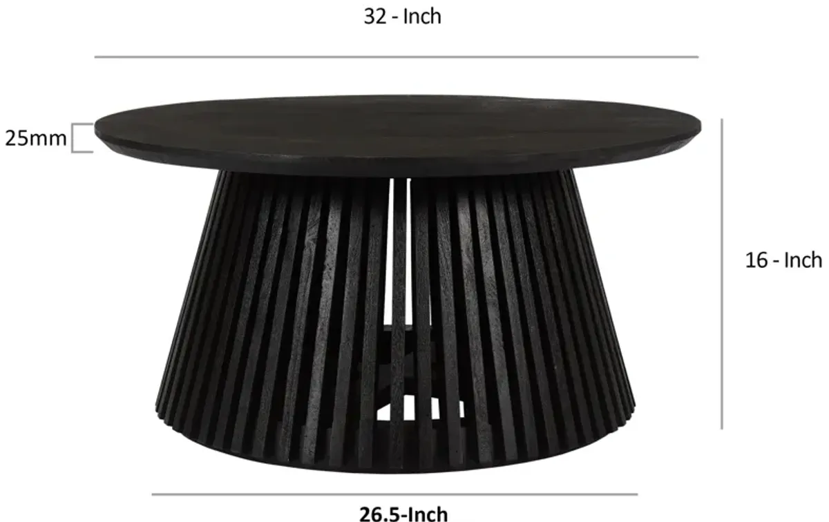 Ridge 32 Inch Handcrafted Round Coffee Table, Mango Wood, Slatted Flared Base, Black-Benzara