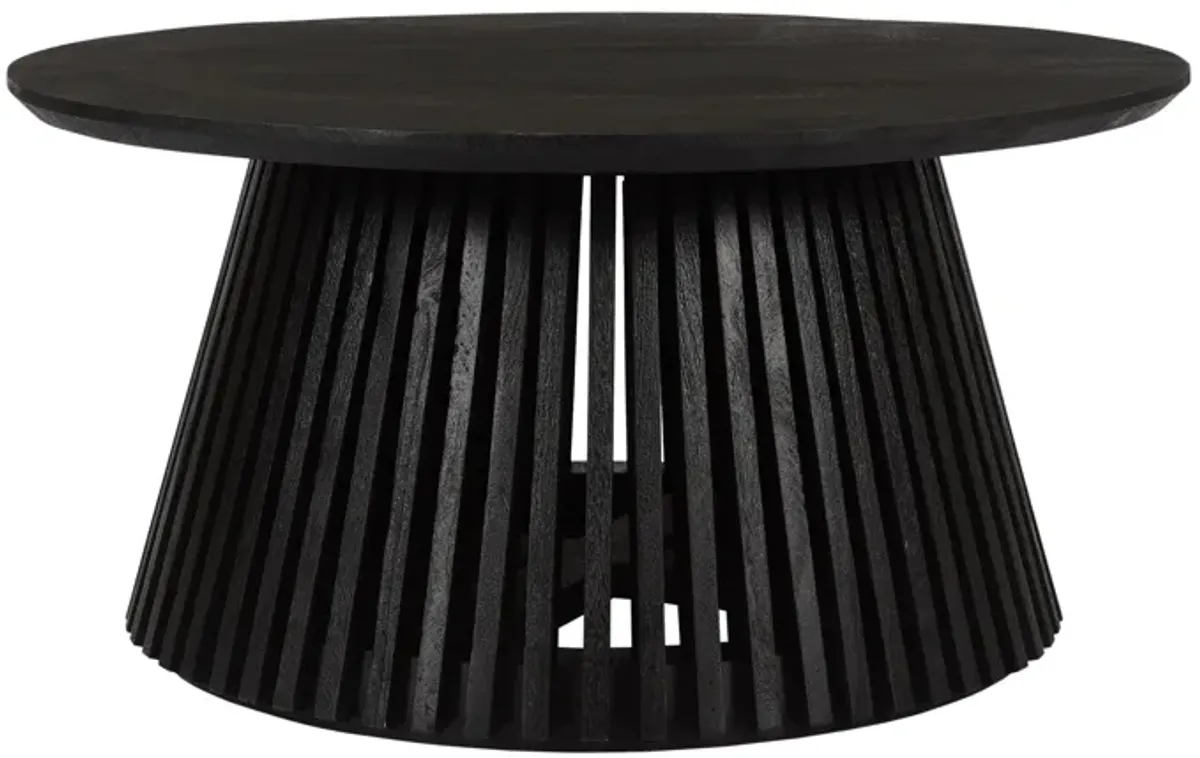 Ridge 32 Inch Handcrafted Round Coffee Table, Mango Wood, Slatted Flared Base, Black-Benzara