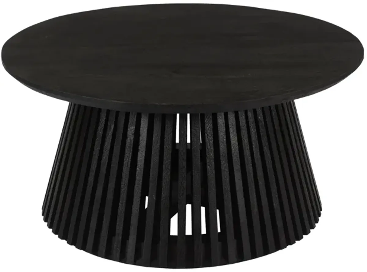 Ridge 32 Inch Handcrafted Round Coffee Table, Mango Wood, Slatted Flared Base, Black-Benzara