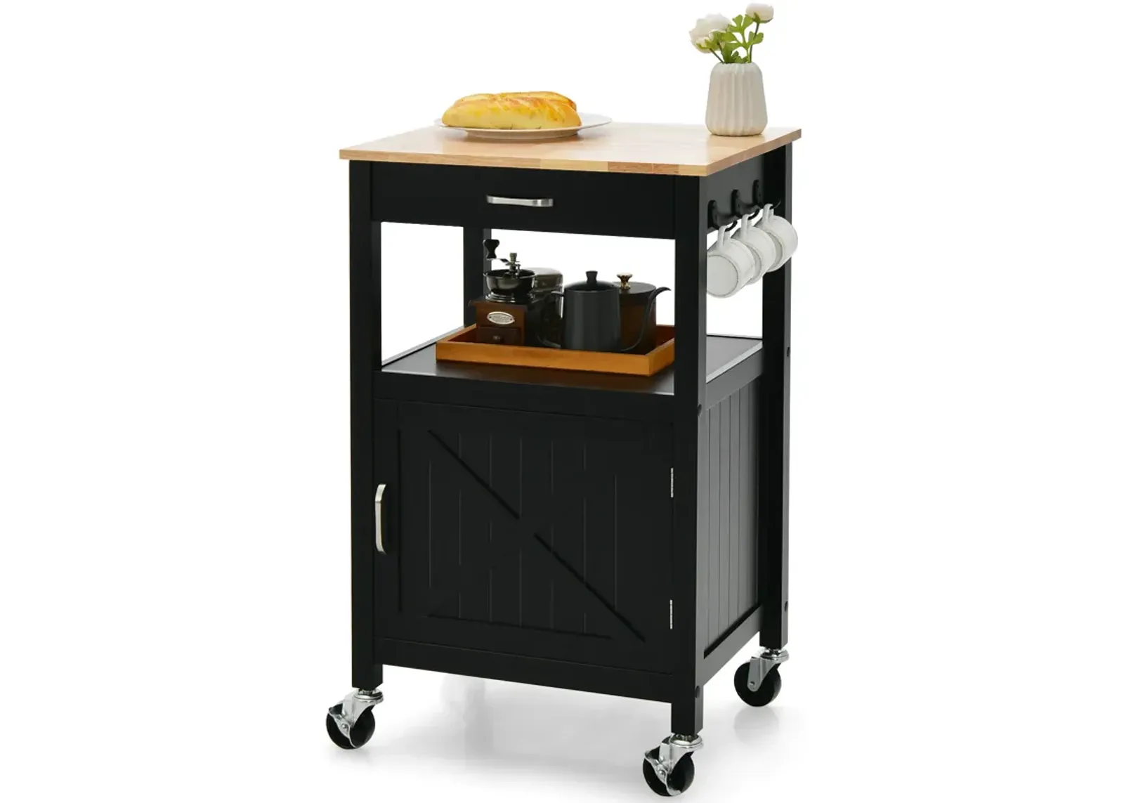 Rolling Kitchen Island Cart with Drawer and Side Hooks-Black