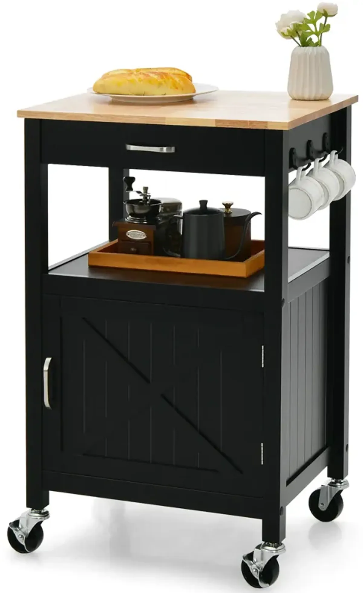 Rolling Kitchen Island Cart with Drawer and Side Hooks-Black