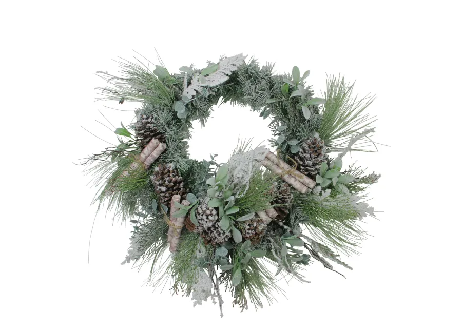 24� Artificial Frosted Pine  Birch Scrolls and Pine Cone Christmas Wreath - Unlit